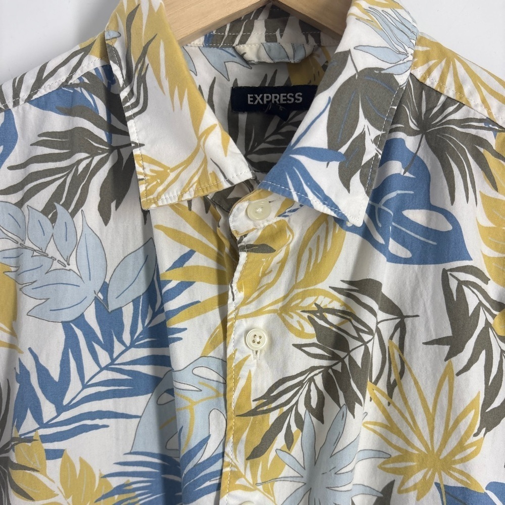 Express Hawaiian Shirt Mens Button Front Yellow /Blue - Large - Picture 2 of 7
